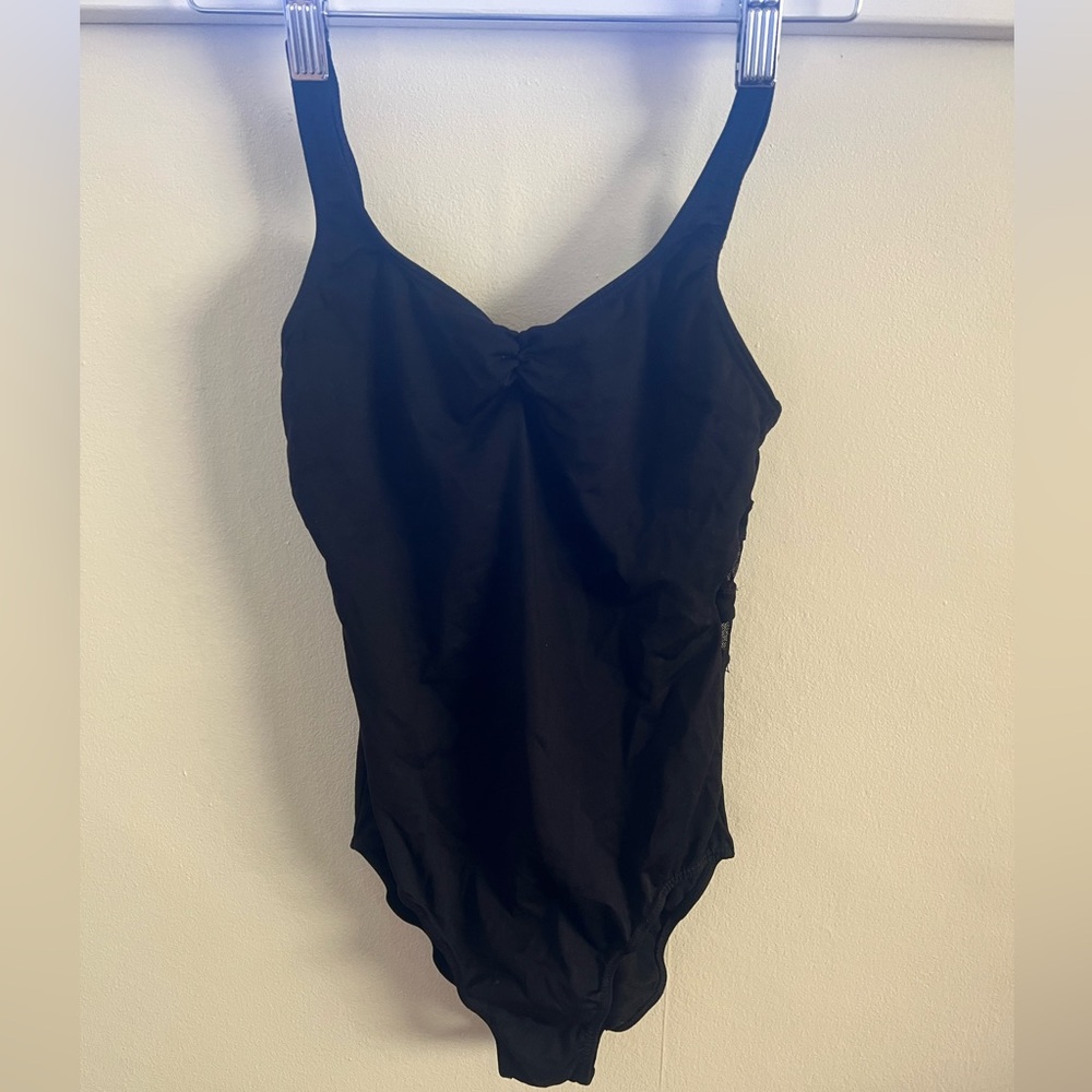 black leotard with cinched front and a mesh striped back detail. Brand So Danca